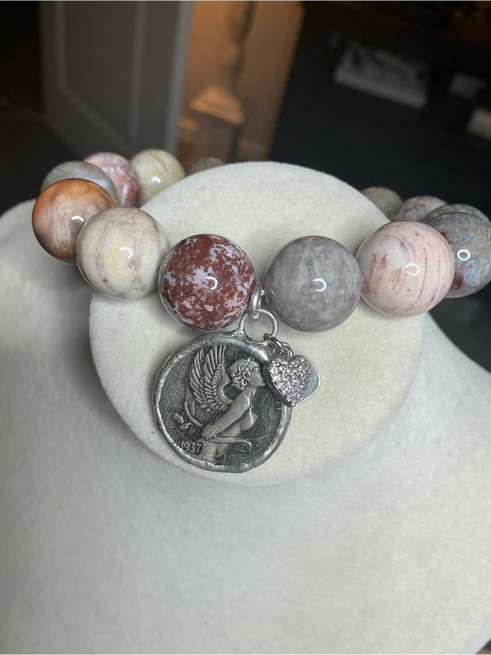 Coral Jade 15mm with Fairy Coin and Charms